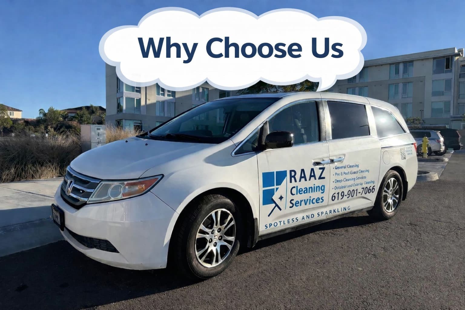 A professional cleaning team discussing service plans while a smiling representative holds a “Why Choose Us? sign — representing trusted and reliable deep cleaning services for homes and offices.